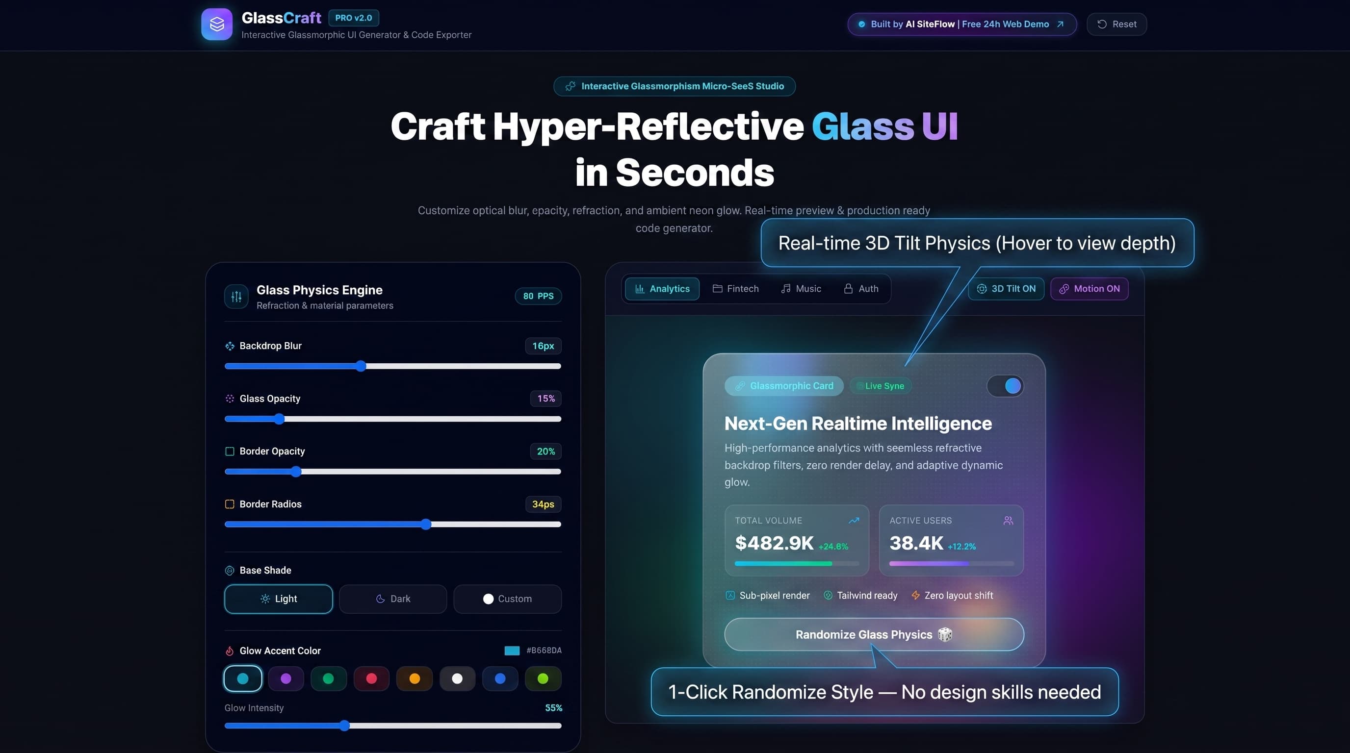GlassCraft interactive canvas with dynamic 3D perspective tilt physics and instant style synchronization
