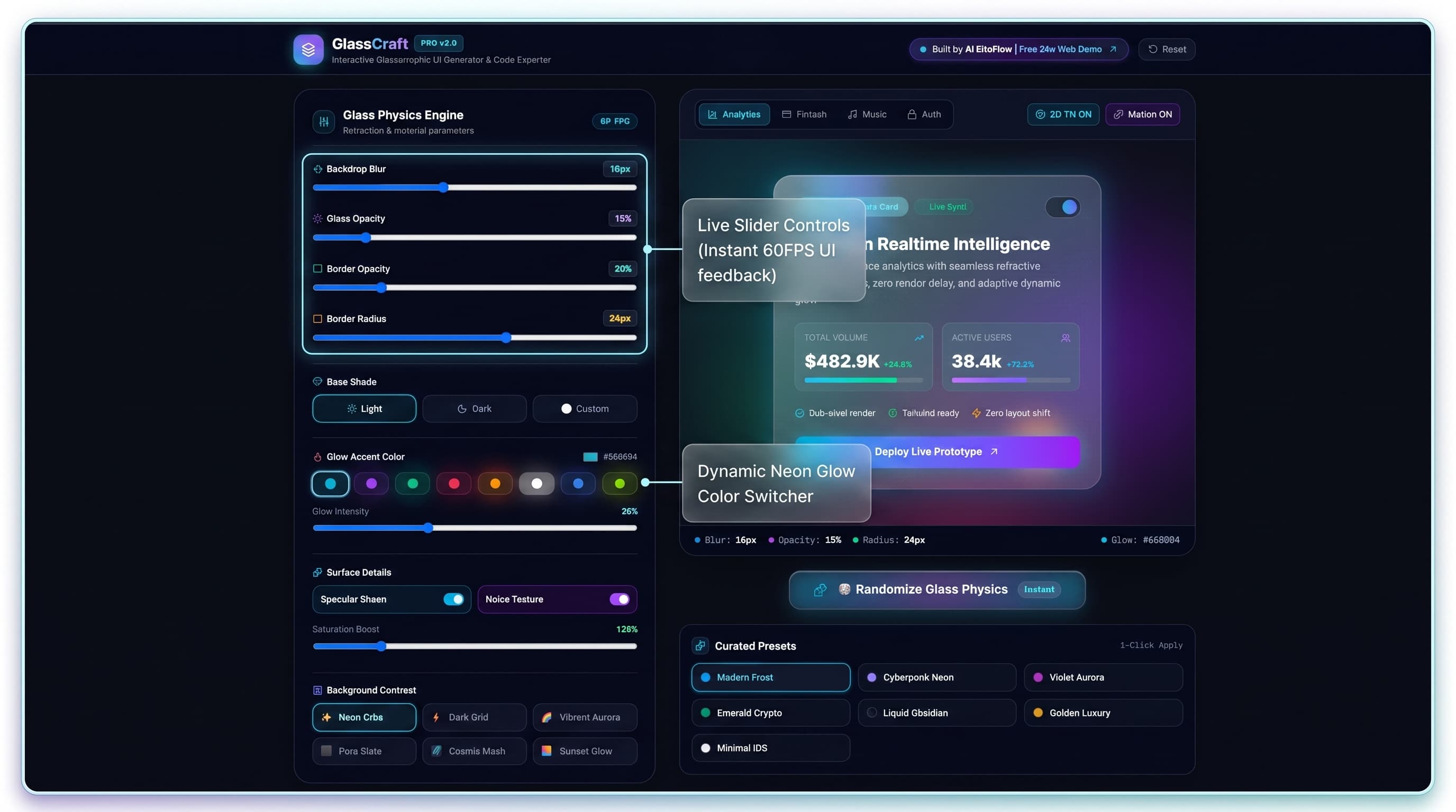 GlassCraft Glass Physics Engine control panel with real-time sliders and neon color accent pickers