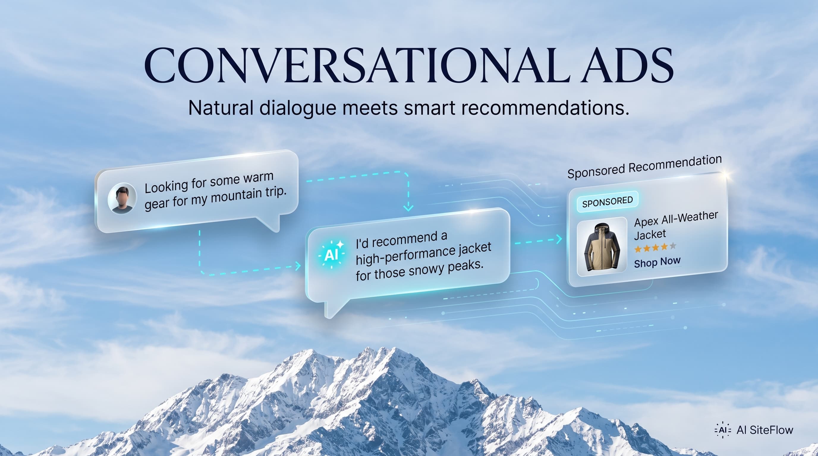 Conceptual illustration of conversational advertising and AI-powered ad relevance.