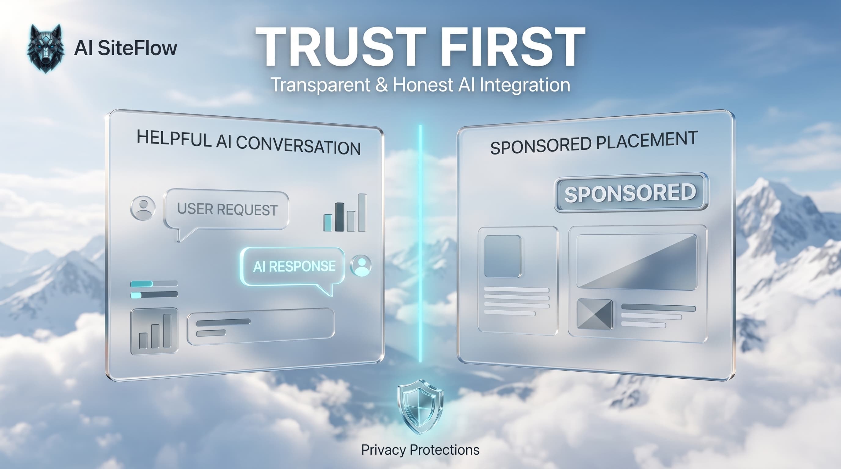 Concept illustration explaining the separation between ChatGPT answers and sponsored advertisements.