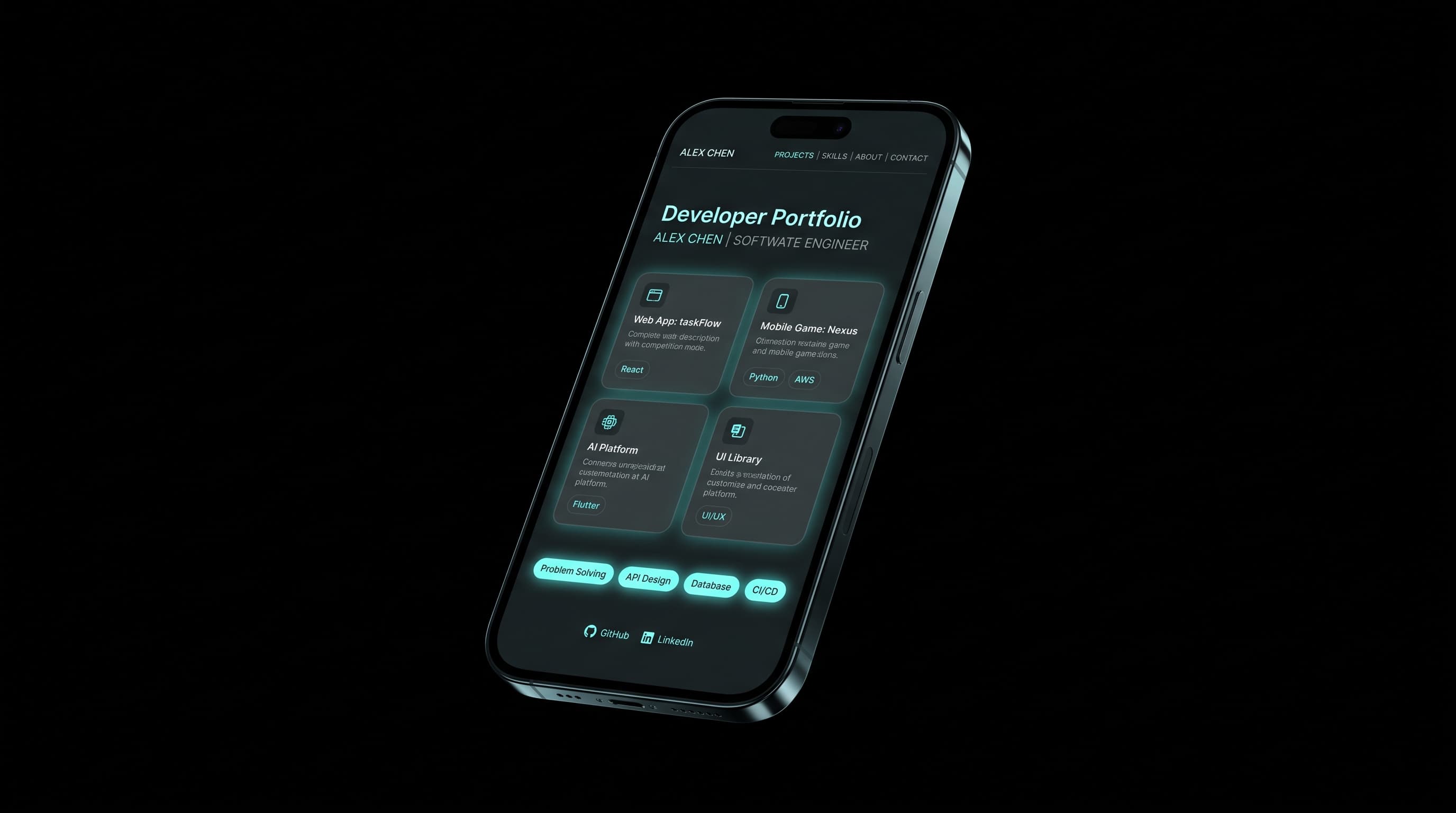 DevCard UI Features and Glassmorphic Dark Aesthetics
